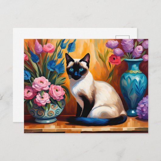 シャムネコと花束の水彩画 ポストカード (正面/裏面)