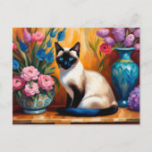 シャムネコと花束の水彩画 ポストカード (正面)