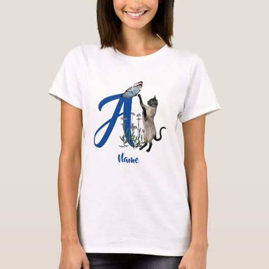シャムネコバタフライモノグラムイニシャルAネーム Tシャツ (正面)