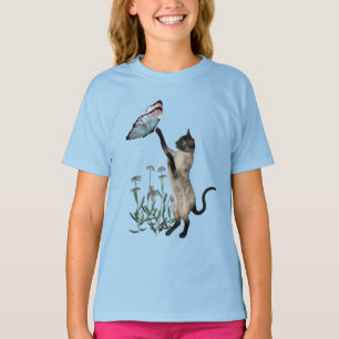 シャムネコ蝶とデイジー花 Tシャツ