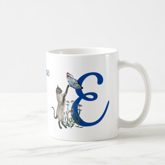 シャムネコ バタフライ モノグラム イニシャルE 名前 コーヒーマグカップ (右)