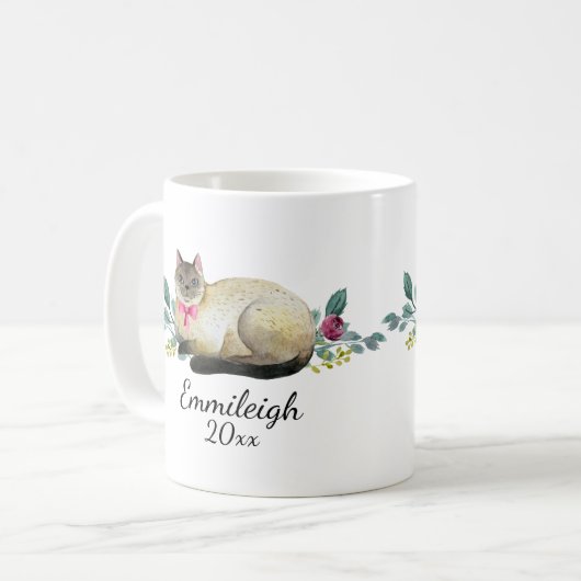 シャムパーソナライズされた猫パープルフローラホワイト コーヒーマグカップ (正面左)