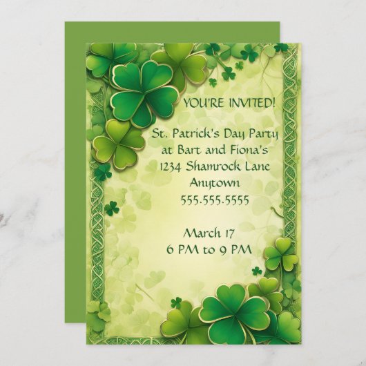 シャムロックとケルト結び目模様フレーム聖パトリックの日 招待状 (正面/裏面)
