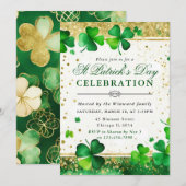 シャムロックとゴールドグリッターアクセントのセントパトリックデー 招待状 (正面/裏面)