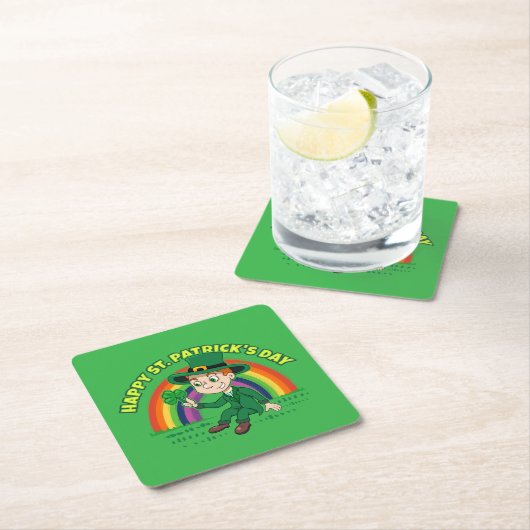 シャムロックとレインボーを備えた可愛い漫画レプレシャン スクエアペーパーコースター (インサイチュ)