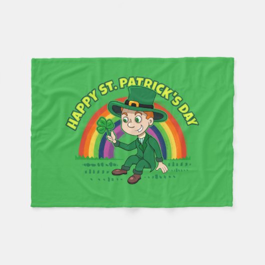 シャムロックとレインボーを備えた可愛い漫画レプレシャン フリースブランケット (正面(横))