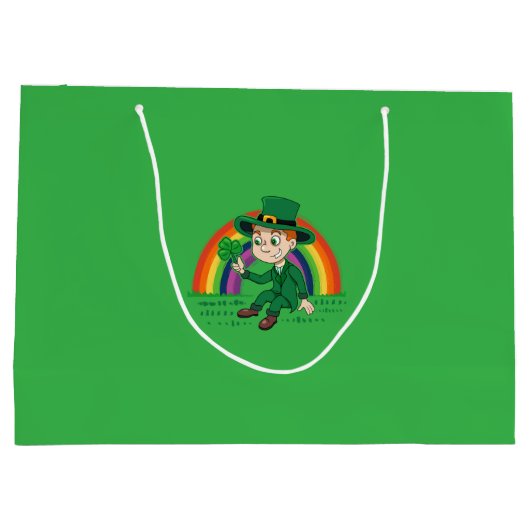 シャムロックとレインボーを備えた可愛い漫画レプレシャン ラージペーパーバッグ (裏面)