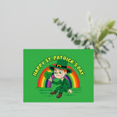 シャムロックとレインボーを備えた可愛い漫画レプレシャン 箔シーズンポストカード (立ち正面)