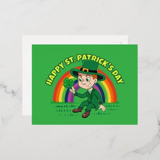 シャムロックとレインボーを備えた可愛い漫画レプレシャン 箔シーズンポストカード (正面/裏面)