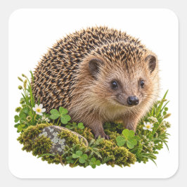 シャムロックと苔に囲まれたヨーロッパハリネズミ(アイルランド風) スクエアシール