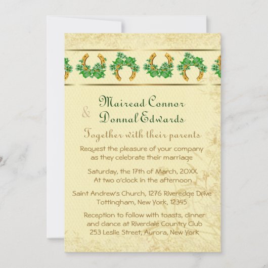 シャムロックと金ゴールドイ結婚リッシュ 招待状 (正面)