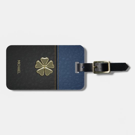 シャムロックのセントパトリックデー、青と黒の革 ラゲッジタグ (正面横)