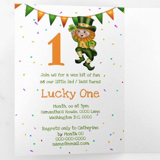 シャムロックの子供たちと可愛いレプレシャン踊りパーティー 三つ折り招待状 (内部最初)