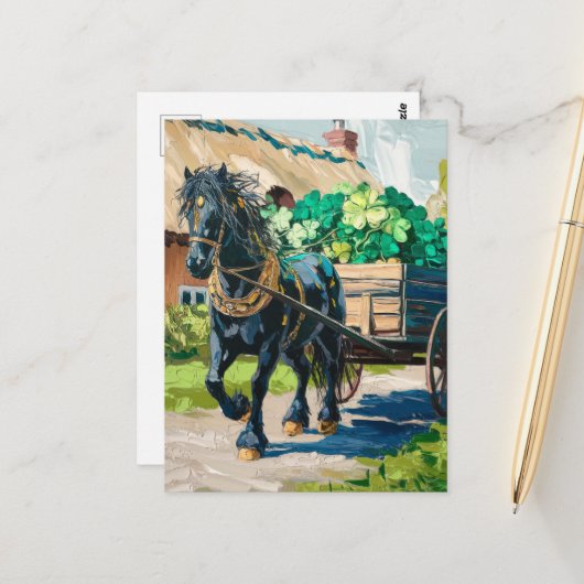 シャムロックの荷を引く黒馬 ポストカード (正面/裏面インサイチュ)