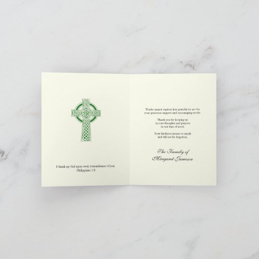 シャムロックカトリックのアイルランドのケルト十字の弔意 サンキューカード (内部)