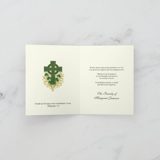シャムロックカトリックのアイルランドのケルト十字の弔意 サンキューカード (内部)