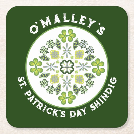 シャムロッククローバーマンダラセントパトリックの日パーティー スクエアペーパーコースター (正面)