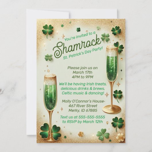 シャムロックグリッターセントパトリックの日パーティーフェスト 招待状 (正面)