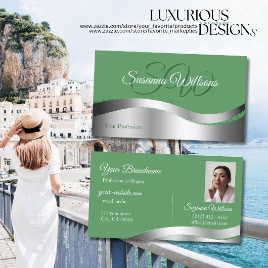 シャムロックグリーンウェーブシルバーデコールイニシャル写真 名刺