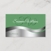 シャムロックグリーンウェーブシルバーデコールイニシャルQRコード 名刺 (正面)