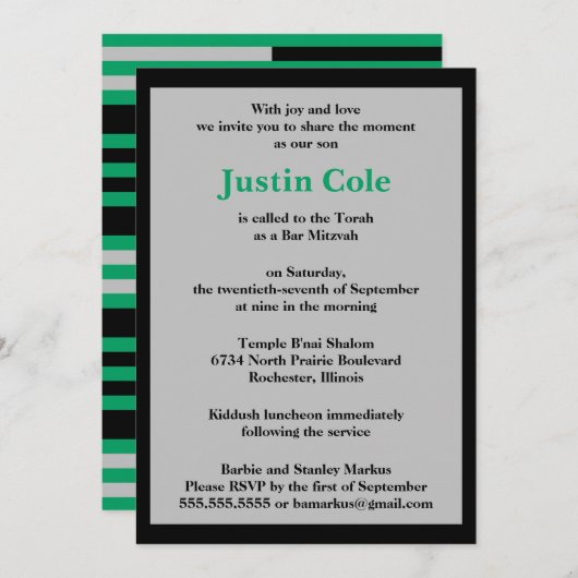 シャムロックグリーンストライプシルバーバーオンブラック(ユダヤ教の)バル・ミツバー 招待状 (正面/裏面)