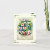 シャムロックスアイリッシュケルト十字ピンクのバラの弔意 サンキューカード (正面)