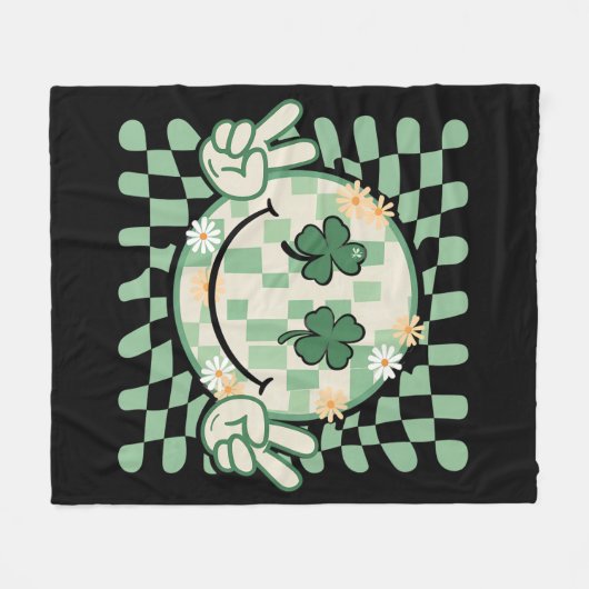 シャムロックスマイルおもしろい顔セントパトリックの日 フリースブランケット (正面(横))