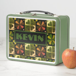 シャムロックチェッカーボードパターンモノグラム名 メタルランチボックス