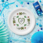 シャムロックハート, フラワー, グリーン フローラル モノグラム ホワイト ペーパープレート (パーティー)