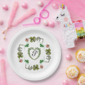 シャムロックハート, フラワー, グリーン フローラル モノグラム ホワイト ペーパープレート (パーティー)