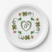 シャムロックハート, フラワー, グリーン フローラル モノグラム ホワイト ペーパープレート (正面)