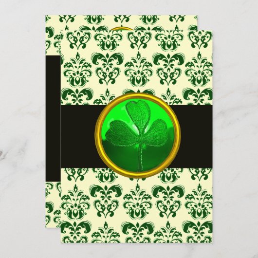 シャムロックブラックシルバー付きグリーンホワイトダマスク 招待状 (正面/裏面)