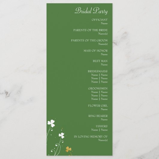 シャムロックワイルドフラワーグリーンと金ゴールドエレガントな結婚式 プログラム (裏面)