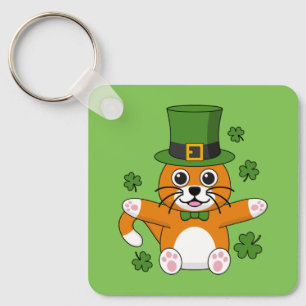シャムロック漫画のかわいいセントパトリックのデイキャット キーホルダー