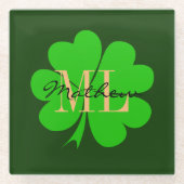 シャムロック&ラッキークローバモノグラムのーの葉/アイルランドG ガラスコースター (正面)