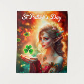 シャムロックpixie女の子グリーンクローバーアイルランド明るい タペストリー (正面)