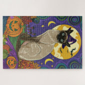 シャム不気味猫ハロウィーン魔女とカボチャ ジグソーパズル (横)