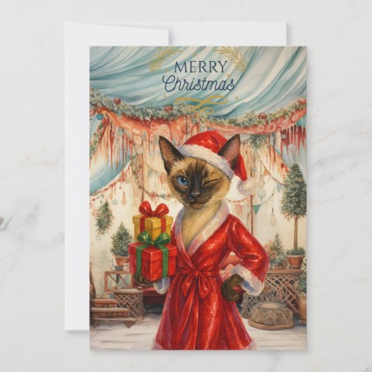 シャム猫がクリスマスプレゼントを持っています シーズンカード (正面)