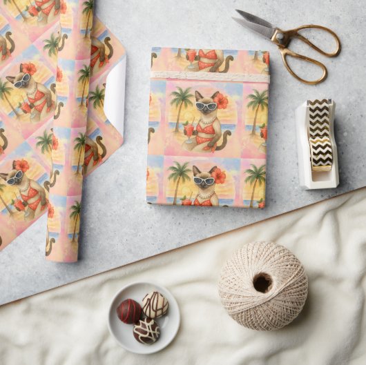 シャム猫がサングラスを被るビーチ ラッピングペーパー (クラフト)