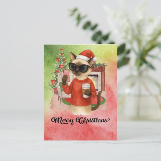 シャム猫がメッセージを送るメリークリスマス シーズンポストカード (スタンド正面)