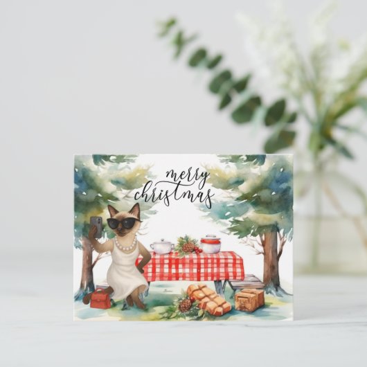 シャム猫がメッセージを送るメリークリスマス シーズンポストカード (スタンド正面)