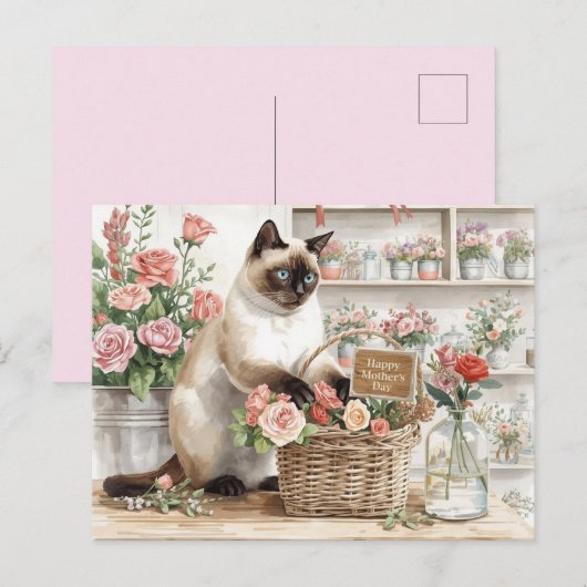 シャム猫が母の日の花をアレンジする ポストカード (正面/裏面)