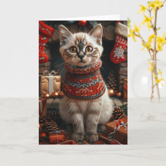 シャム猫とクリスマスプレゼントの暖炉 カード (黄色い花)