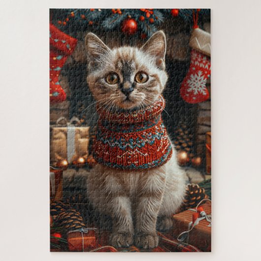 シャム猫とクリスマスプレゼントの暖炉 ジグソーパズル (縦)