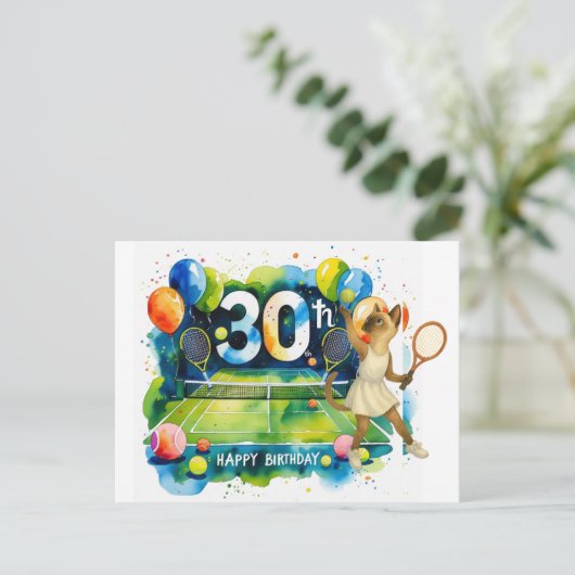 シャム猫とテニス好きのための30歳誕生日 ポストカード (スタンド正面)
