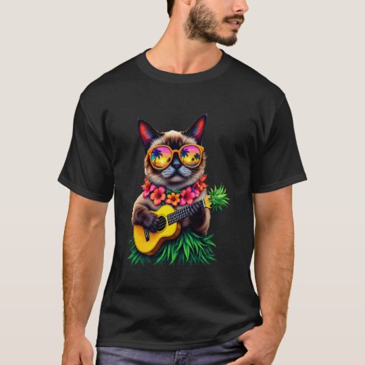 シャム猫とパイナップルウクレレの夏の休暇 Tシャツ (正面)