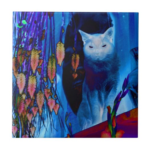 シャム猫と花動物アート タイル (正面)