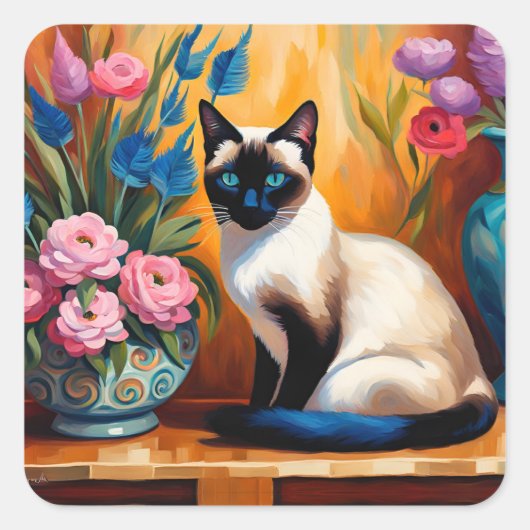 シャム猫と花瓶の水彩画 スクエアシール (正面)