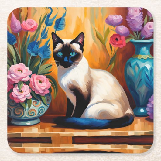 シャム猫と花瓶の水彩画 スクエアペーパーコースター (正面)