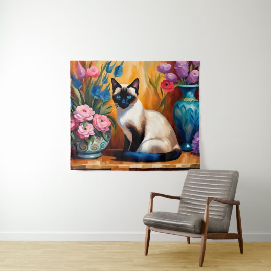 シャム猫と花瓶の水彩画 タペストリー (インサイチュ(横))